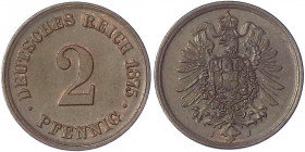 2 Pfennig kleiner Adler, Kupfer 1873-1877
1875 J. fast Stempelglanz, leichte lichtenrader Prägung, feine Kupfertönung. Jaeger 2.