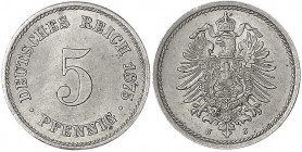 5 Pfennig kleiner Adler, Kupfer/Nickel 1874-1889
1875 J. vorzüglich/Stempelglanz. Jaeger 3.