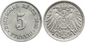 5 Pfennig großer Adler, Kupfer/Nickel 1890-1915
1898 J. Beids. interessante, starke Lichterader Prägung. fast Stempelglanz. Jaeger 12.