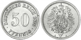 50 Pfennig kleiner Adler, Silber 1875-1877
1876 A. vorzüglich/Stempelglanz. Jaeger 7.