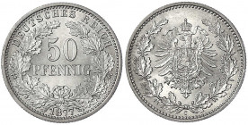 50 Pfennig kl. Adler Eichenzweige Silber 1877-1878
1877 C. fast Stempelglanz, Prachtexemplar. Jaeger 8.
