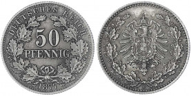 50 Pfennig kl. Adler Eichenzweige Silber 1877-1878
1877 E. fast Stempelglanz, schöne Patina. Jaeger 8.
