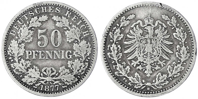 50 Pfennig kl. Adler Eichenzweige Silber 1877-1878
1877 H. fast sehr schön. Jae...