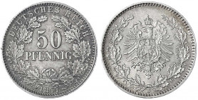 50 Pfennig kl. Adler Eichenzweige Silber 1877-1878
1877 J. gutes vorzüglich, schöne Patina. Jaeger 8.