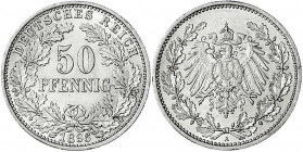 50 Pfennig gr. Adler Eichenzweige Silb. 1896-1903
1896 A. gutes vorzüglich, winz. Randfehler. Jaeger 15.