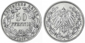 50 Pfennig gr. Adler Eichenzweige Silb. 1896-1903
1896 A. gutes vorzüglich, winz. Randfehler und etwas berieben. Jaeger 15.