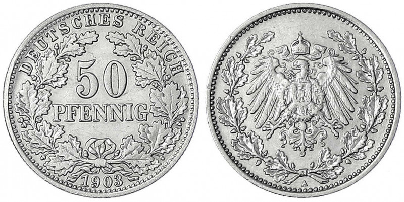 50 Pfennig gr. Adler Eichenzweige Silb. 1896-1903
1903 A. sehr schön/vorzüglich...