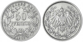 50 Pfennig gr. Adler Eichenzweige Silb. 1896-1903
1903 A. sehr schön/vorzüglich. Jaeger 15.