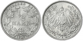 1/2 Mark gr. Adler Eichenzweige, Silber 1905-1919
1913 J. prägefrisch/fast Stempelglanz. Jaeger 16.