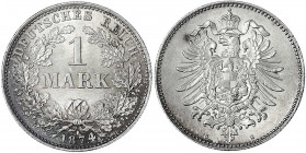 1 Mark kleiner Adler, Silber 1873-1887
1874 G. fast Stempelglanz, schöne Patina. Jaeger 9.
