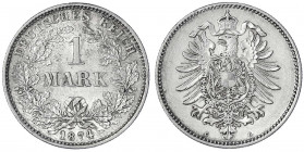 1 Mark kleiner Adler, Silber 1873-1887
1874 G. vorzüglich/Stempelglanz, leichte Patina. Jaeger 9.