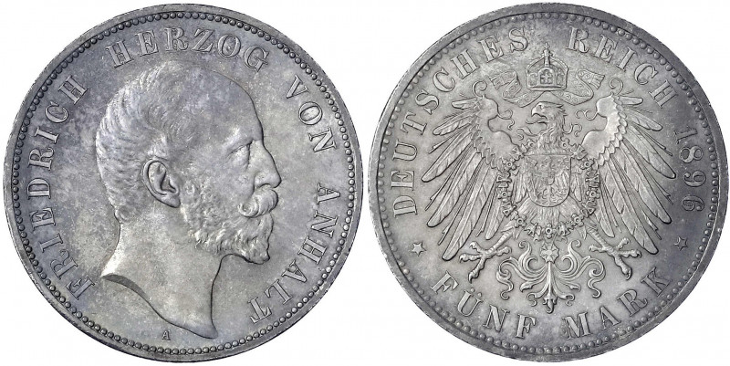 Anhalt
Friedrich I., 1871-1904
5 Mark 1896 A. vorzüglich/Stempelglanz aus EA, ...