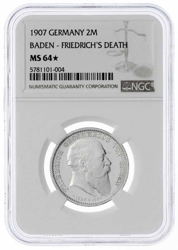 Baden
Friedrich I., 1856-1907
2 Mark 1907. Auf seinen Tod. Im NGC-Blister mit ...