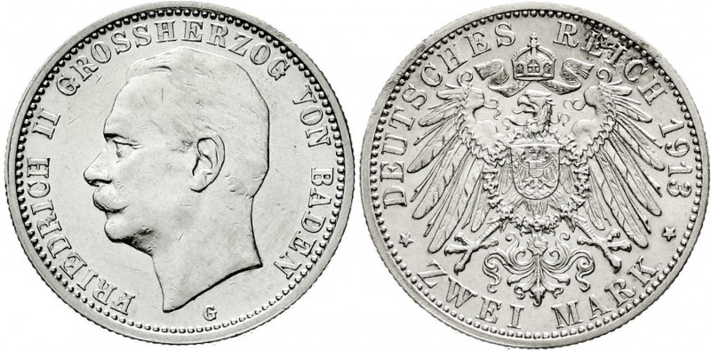 Baden
Friedrich II., 1907-1918
2 Mark 1913 G. sehr schön/vorzüglich, kl. Kratz...