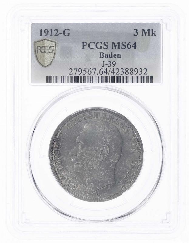 Baden
Friedrich II., 1907-1918
3 Mark 1912 G. Im PCGS-Blister mit Grading MS 6...