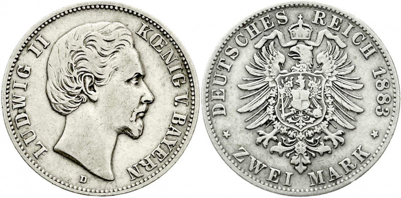 Bayern
Ludwig II., 1864-1886
2 Mark 1883 D. fast sehr schön, winz. Randfehler,...