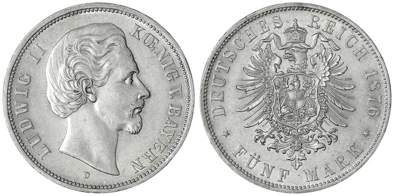 Bayern
Ludwig II., 1864-1886
5 Mark 1876 D. vorzüglich. Jaeger 42.