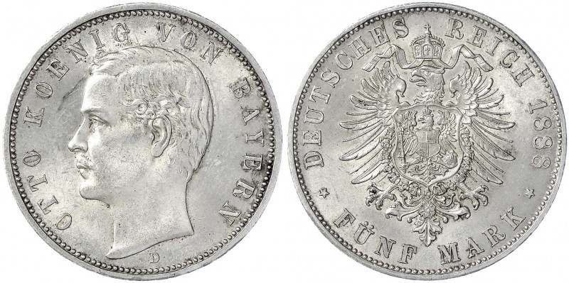 Bayern
Otto, 1886-1913
5 Mark 1888 D. vorzüglich/Stempelglanz. Jaeger 44.