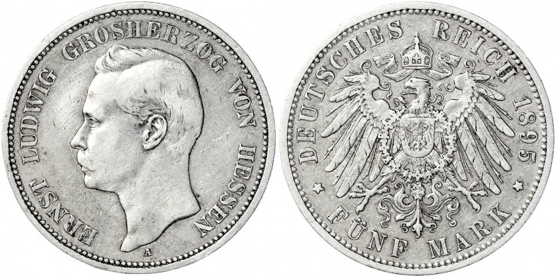 Hessen
Ernst Ludwig, 1892-1918
5 Mark 1895 A. sehr schön, kl. Kratzer. Jaeger ...