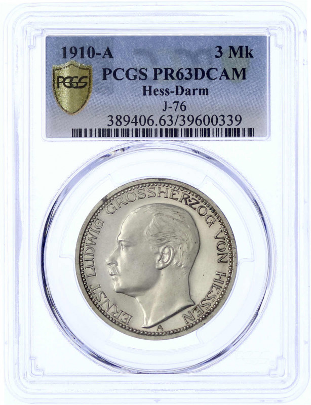 Hessen
Ernst Ludwig, 1892-1918
3 Mark 1910 A. Im PCGS-Blister mit Grading PR 6...