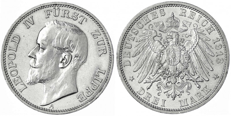 Lippe
Leopold IV., 1904-1918
3 Mark 1913 A. gutes vorzüglich, etwas berieben. ...