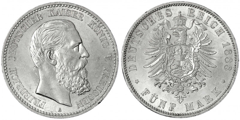 Preußen
Friedrich III., 1888
5 Mark 1888 A. vorzüglich/Stempelglanz. Jaeger 99...