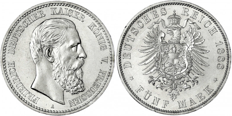 Preußen
Friedrich III., 1888
5 Mark 1888 A. vorzüglich/Stempelglanz, kl. Kratz...