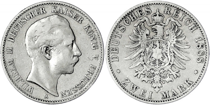 Preußen
Wilhelm II., 1888-1918
2 Mark 1888 A. Kl. Adler. sehr schön. Jaeger 10...