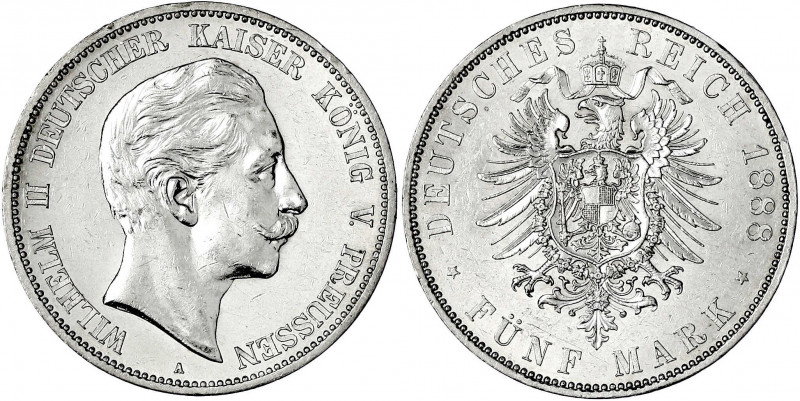 Preußen
Wilhelm II., 1888-1918
5 Mark 1888 A. gutes vorzüglich, kl. Kratzer, w...