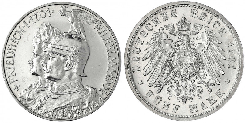 Preußen
Wilhelm II., 1888-1918
5 Mark 1901. 200 Jahrfeier. vorzüglich/Stempelg...