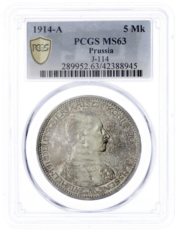 Preußen
Wilhelm II., 1888-1918
5 Mark 1914 A. Uniform. Im PCGS-Blister mit Gra...