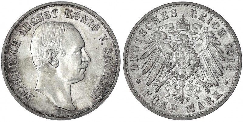 Sachsen
Friedrich August III., 1904-1918
5 Mark 1914 E. vorzüglich/Stempelglan...