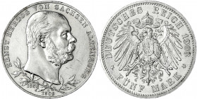 Sachsen-Altenburg
Ernst, 1853-1908
5 Mark 1903 A. 50-jähr. Regierungsjubiläum. gutes vorzüglich, kl. Kratzer, winz. Randfehler. Jaeger 144.