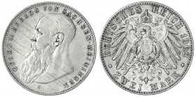 Sachsen-Meiningen
Georg II., 1866-1914
2 Mark 1902 D. Bart berührt Perlkreis nicht. sehr schön/vorzüglich. Jaeger 151 b.