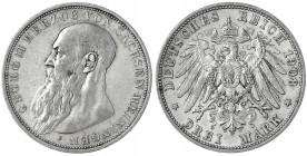 Sachsen-Meiningen
Georg II., 1866-1914
3 Mark 1908 D. gutes sehr schön. Jaeger 152.