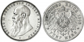 Sachsen-Meiningen
Georg II., 1866-1914
5 Mark 1902 D. Bart berührt Perlkreis nicht. gutes sehr schön. Jaeger 153 b.