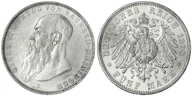 Sachsen-Meiningen
Georg II., 1866-1914
5 Mark 1908 D. Bart berührt Perlkreis n...