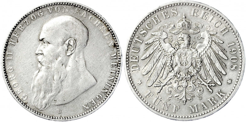 Sachsen-Meiningen
Georg II., 1866-1914
5 Mark 1908 D. Bart berührt Perlkreis n...