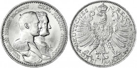 Sachsen-Weimar-Eisenach
Wilhelm Ernst, 1901-1918
3 Mark 1915 A. Zur 100 Jahr-Feier. vorzüglich/Stempelglanz, winz. Randfehler. Jaeger 163.