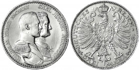 Sachsen-Weimar-Eisenach
Wilhelm Ernst, 1901-1918
3 Mark 1915 A. Zur 100 Jahr-Feier. vorzüglich/Stempelglanz, winz. Randfehler. Jaeger 163.