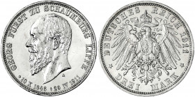 Schaumburg-Lippe
Georg, 1893-1911
3 Mark 1911 A. Auf seinen Tod. vorzüglich, berieben und min. Randfehler. Jaeger 166.
