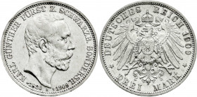 Schwarzburg-Sondershausen
Karl Günther, 1880-1909
3 Mark 1909 A. Auf seinen Tod. vorzüglich. Jaeger 170.