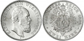 Württemberg
Karl, 1864-1891
2 Mark 1876 F. fast Stempelglanz, Prachtexemplar, selten in dieser Erhaltung. Jaeger 172.