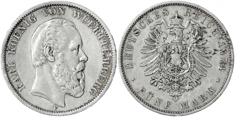 Württemberg
Karl, 1864-1891
5 Mark 1874 F. sehr schön, kl. Randfehler. Jaeger ...