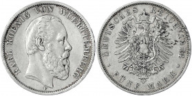 Württemberg
Karl, 1864-1891
5 Mark 1874 F. sehr schön, kl. Randfehler. Jaeger 173.