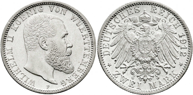 Württemberg
Wilhelm II., 1891-1918
2 Mark 1912 F. vorzüglich/Stempelglanz. Jae...