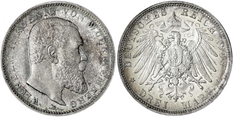 Württemberg
Wilhelm II., 1891-1918
3 Mark 1908 F. Polierte Platte, schöne Pati...