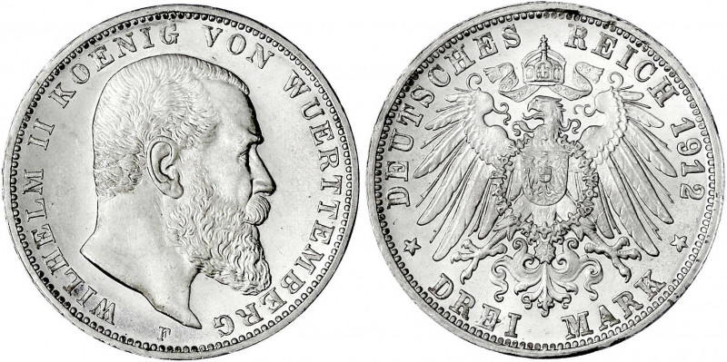 Württemberg
Wilhelm II., 1891-1918
3 Mark 1912 F. fast Stempelglanz/Erstabschl...
