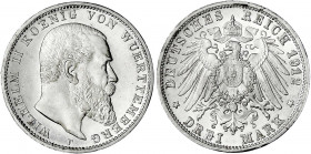 Württemberg
Wilhelm II., 1891-1918
3 Mark 1912 F. fast Stempelglanz/Erstabschlag, Prachtexemplar, winz. Randfehler. Jaeger 175.