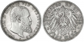 Württemberg
Wilhelm II., 1891-1918
5 Mark 1892 F. Polierte Platte, kl. Kratzer und min. berieben, sehr selten. Jaeger 176.